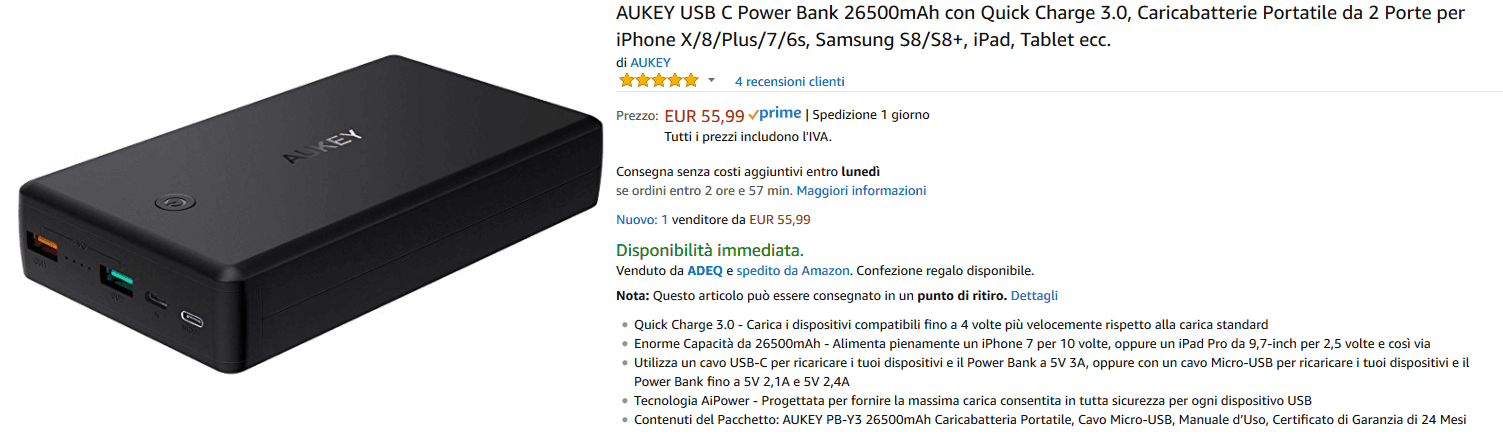 Aukey PB-Y3 powerbank recensione