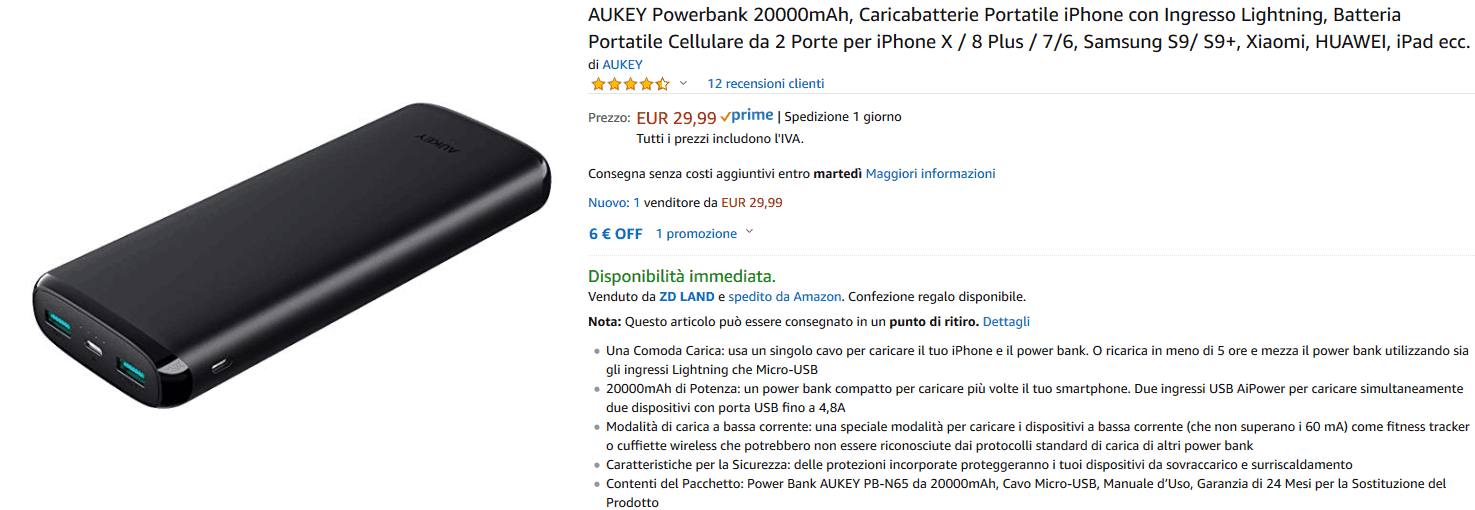 Aukey PB-N65 powerbank recensione