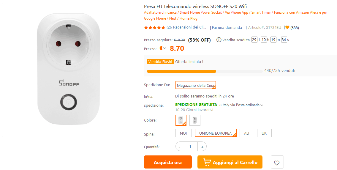 Presa smart Sonoff S20 offerta TomTop