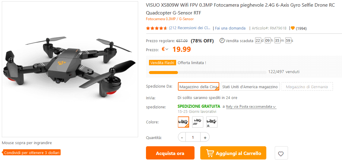 VISUO XS809W drone pieghevole offerta lampo TomTop