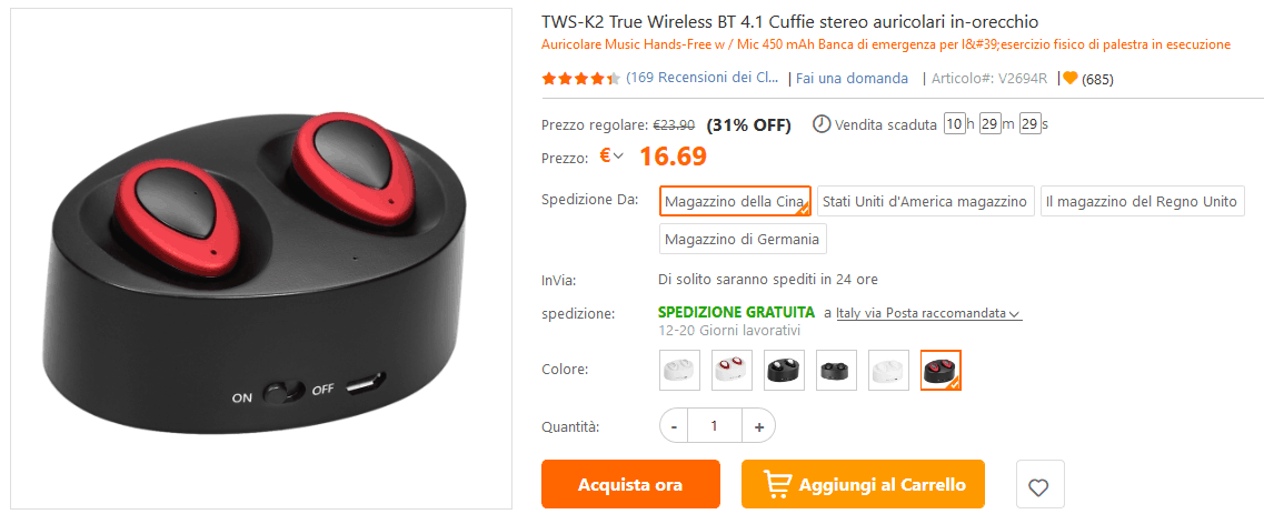 Auricolari true wireless low-cost offerta TomTop