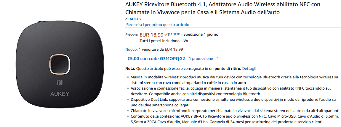 Aukey BR-C16 ricevitore Bluetooth recensione