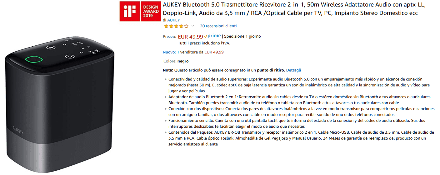 Aukey BR-O8 Trasmettitore/ricevitore Bluetooth recensione