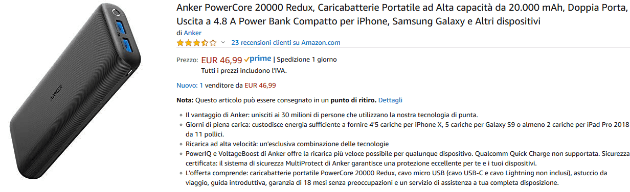 Anker PowerCore 20000 Redux powerbank recensione