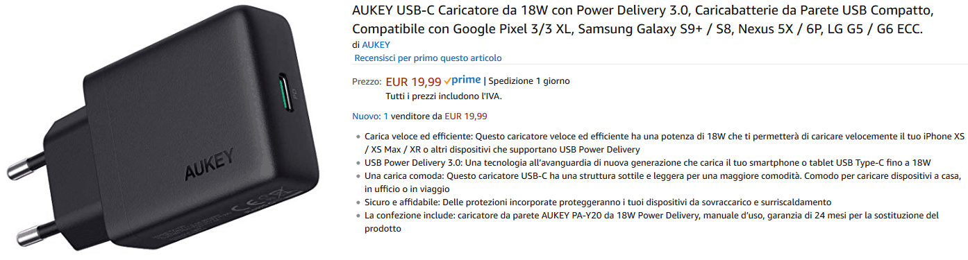 Aukey PA-Y20 Caricatore da parete recensione