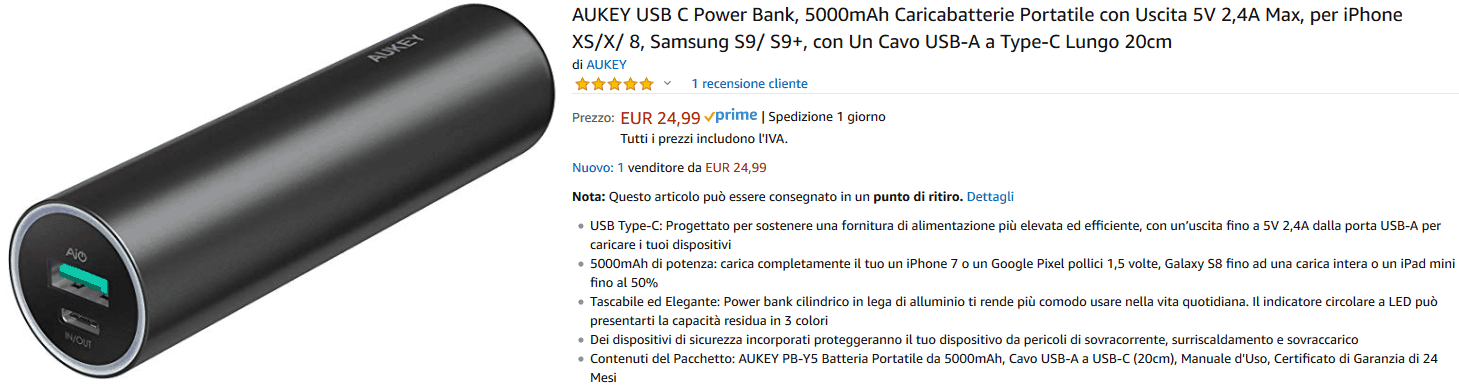 Aukey PB-Y5 powerbank recensione